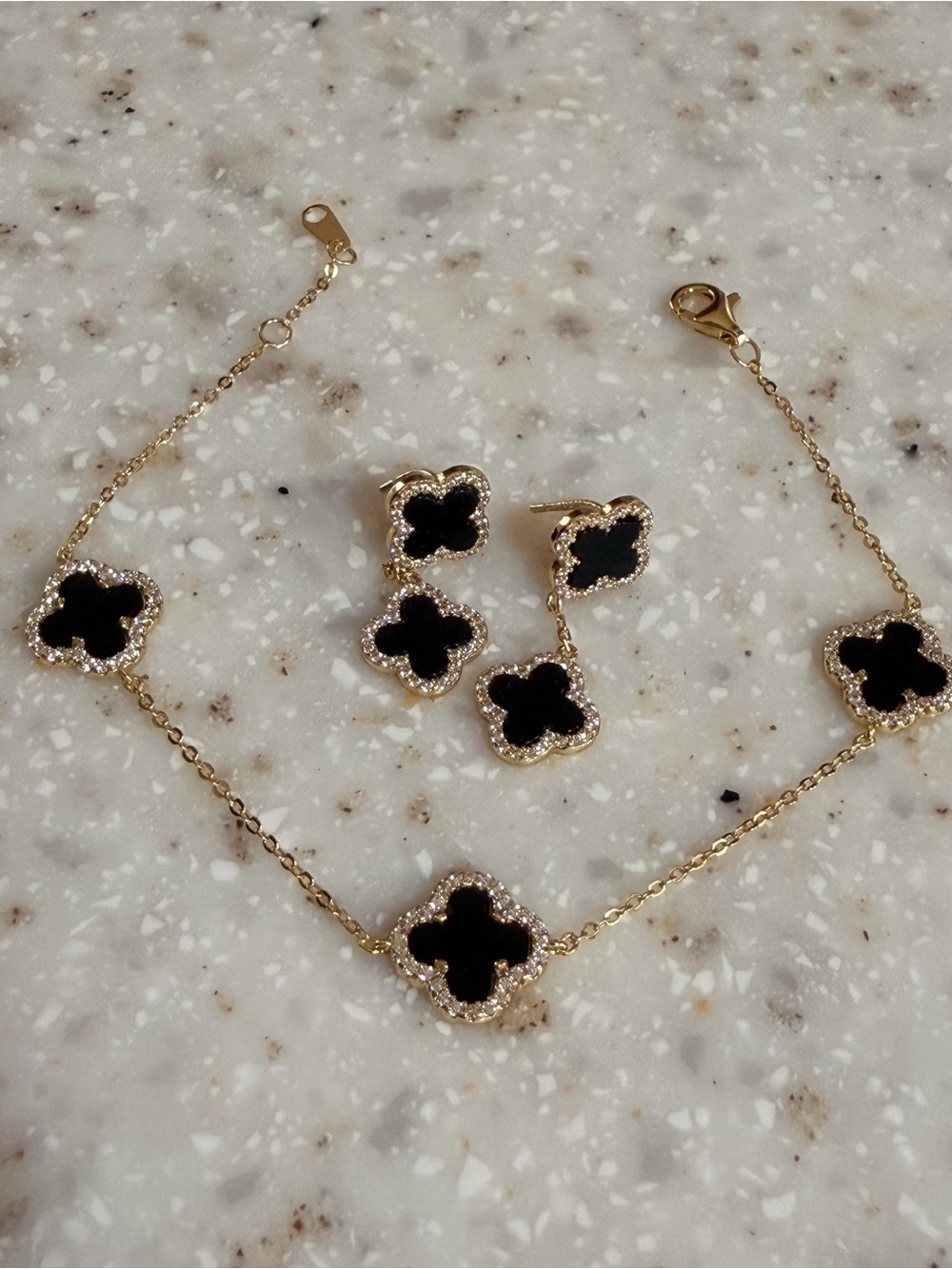 Gold-Plated Black Clover Bracelet and Earrings Set